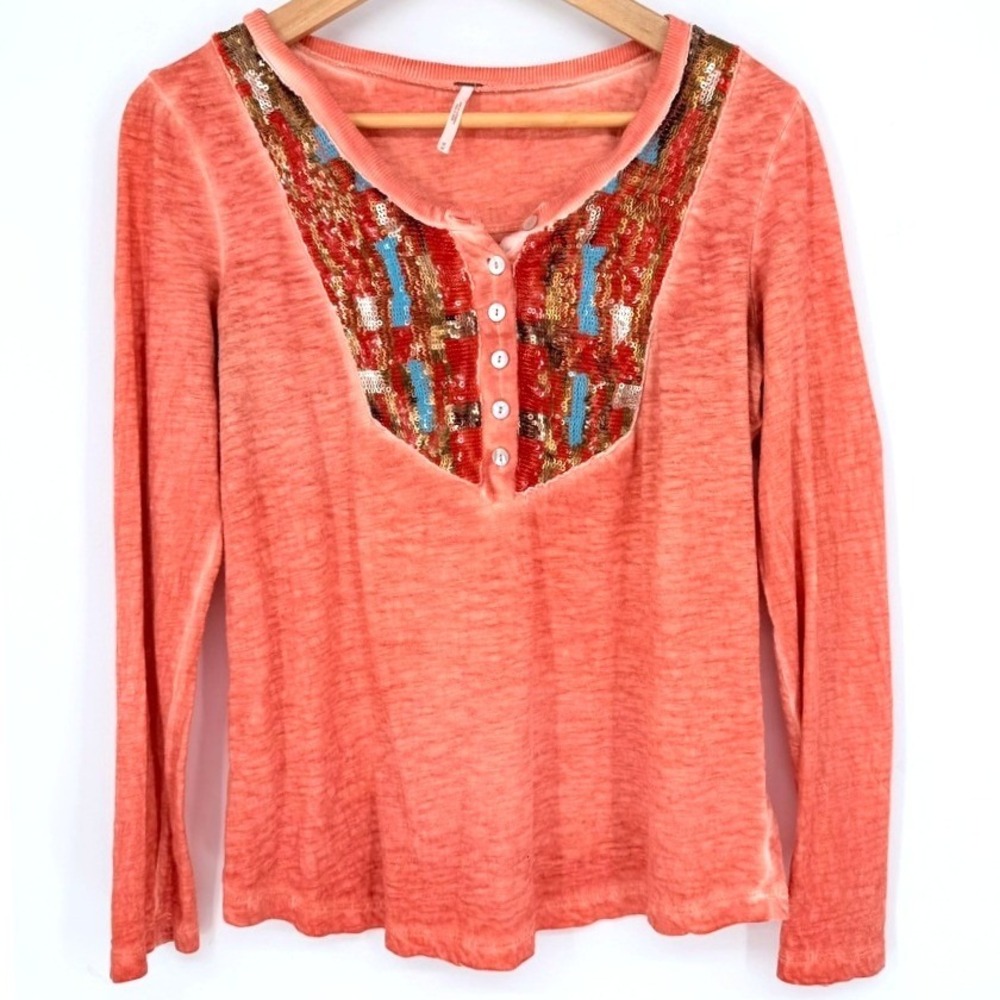 Free People Women Coral Orange Sequin Bib Henley Long Sleeve Burnout‎ Top Size M